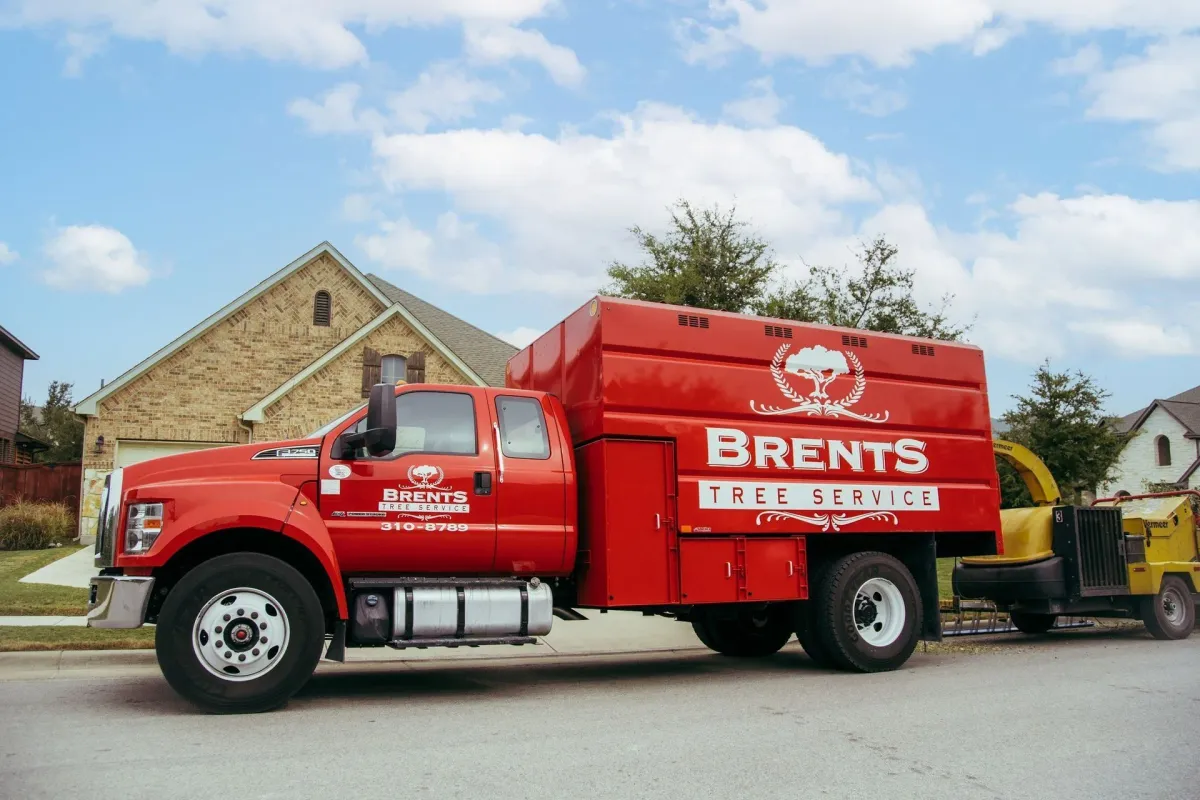 Red brents Tree Service truck on residential street
