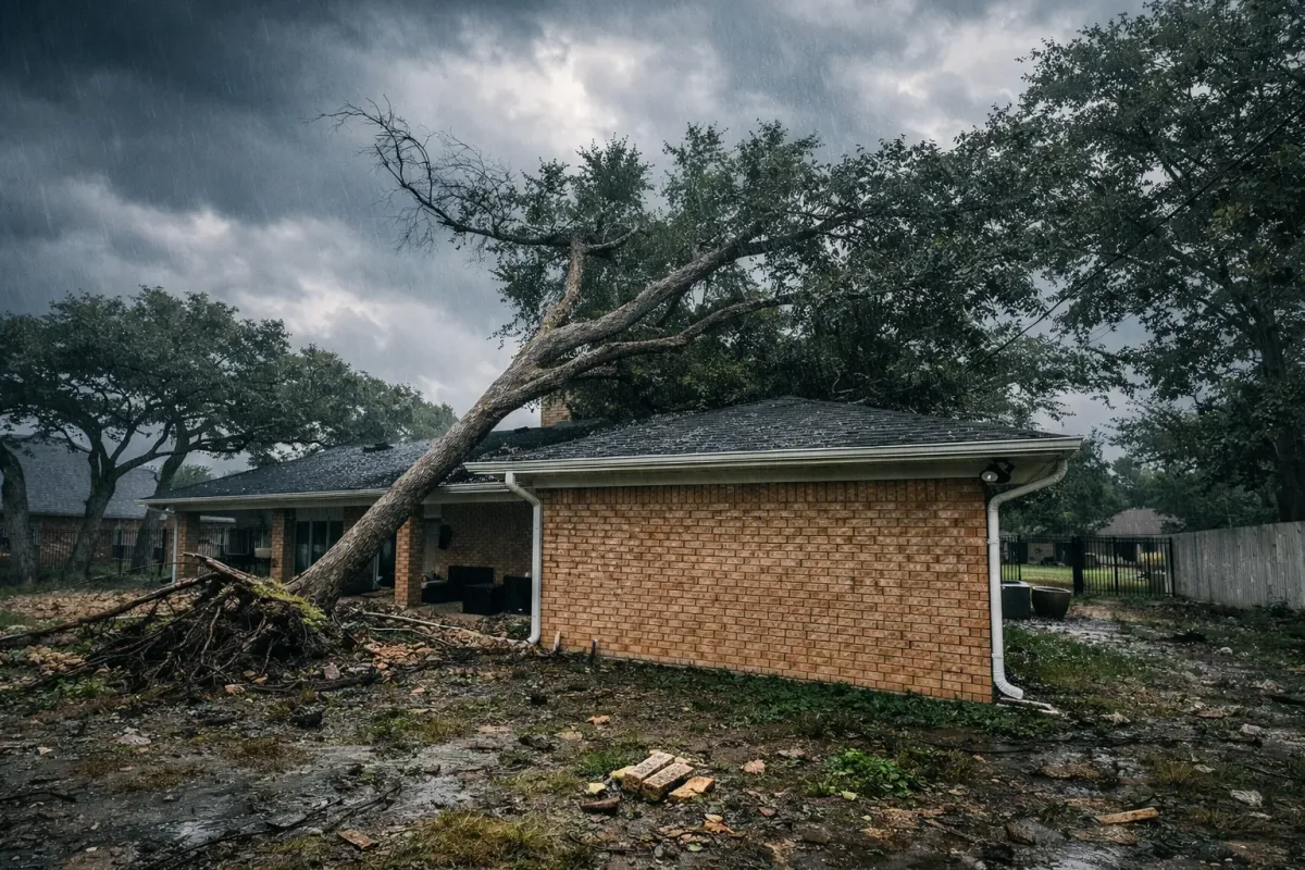 Large fallen tree crushing roof of brick house after storm